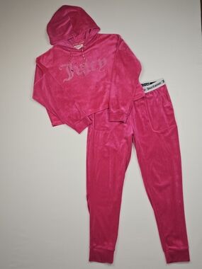 Juicy Couture Velour Lounge Set Pink Rhinestone Hoodie Joggers Womens Large Y2K